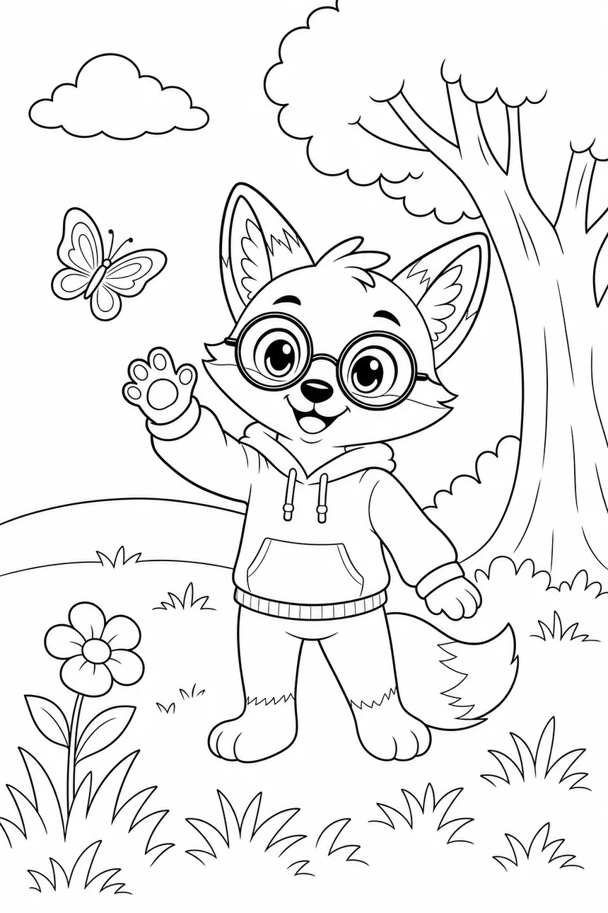 Coloriage de Ren le renard qui tend la patte vers un papillon, une fleur et de l'herbe