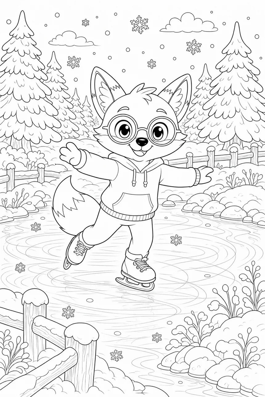 Coloriage de Ren le renard qui patine sur un étang gelé, entouré de sapins enneigés