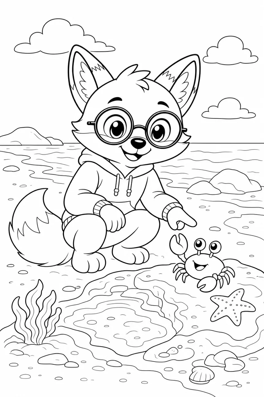 Coloriage de Ren le renard accroupi devant une flaque entre les rochers, un petit crabe le salue d'une pince, une étoile de mer sur le rocher