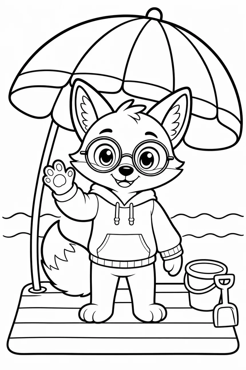 Coloriage de Ren le renard debout sur sa serviette de plage, sous un grand parasol rayé, seau et pelle à côté