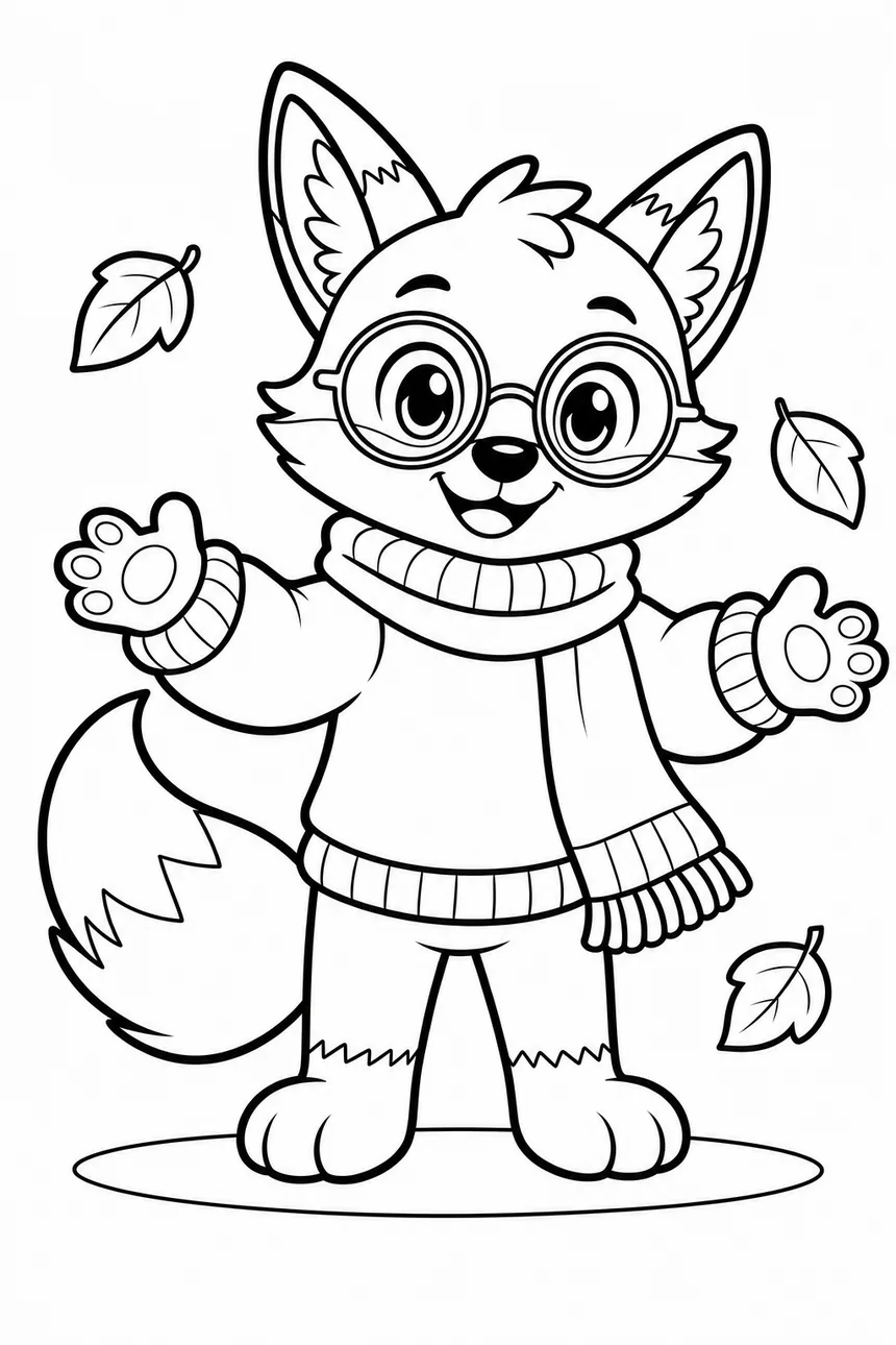 Coloriage de Ren le renard bras ouverts, portant fièrement un grand pull tricoté et une longue écharpe, trois feuilles tombent autour
