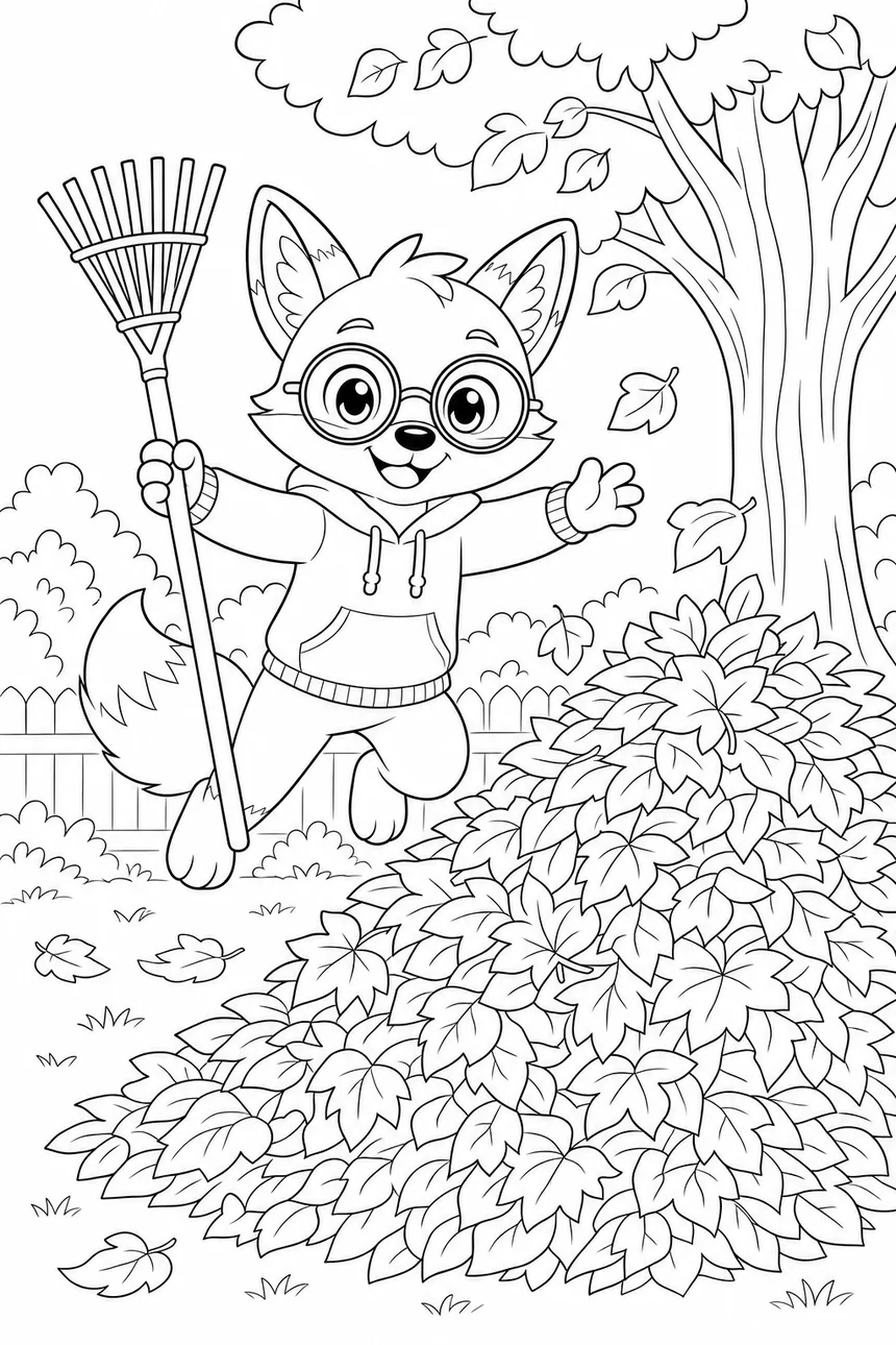 Coloriage de Ren le renard tenant un râteau à côté d'un énorme tas de feuilles, prêt à sauter dedans, quelques feuilles volent encore