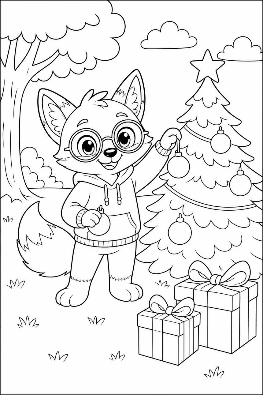 Coloriage de Ren le renard qui décore un sapin de Noël avec des boules et une étoile
