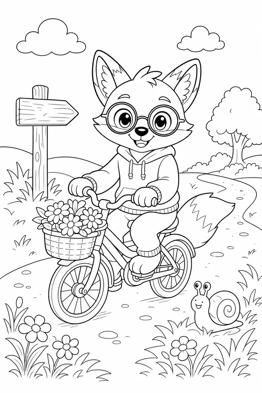 Coloriage de Ren le renard à vélo sur un chemin de campagne, un panier de fleurs sur le guidon, un escargot le regarde passer