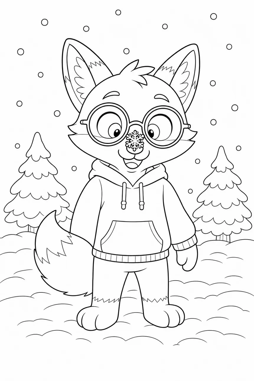 Coloriage de Ren le renard qui louche sur un gros flocon posé sur son museau, sous la neige, deux sapins enneigés derrière