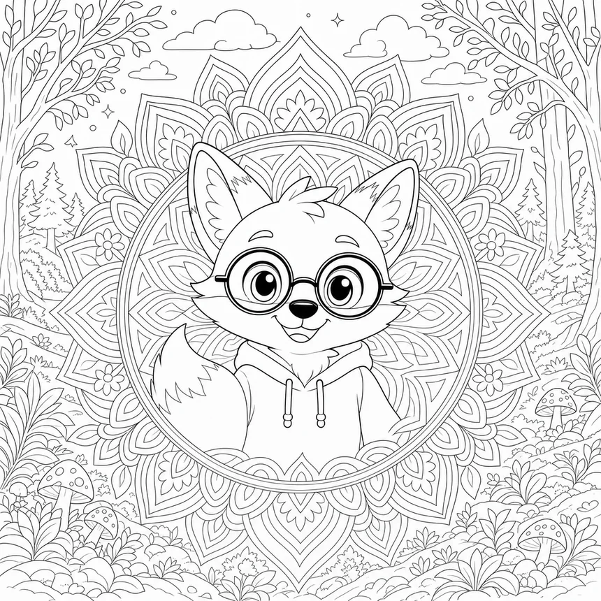 Coloriage mandala avec la tête de Ren le renard au centre, entouré de feuilles et de pétales symétriques