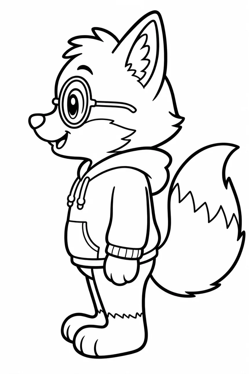Coloriage de Ren le renard debout de profil, la queue relevée en panache, une patte en avant