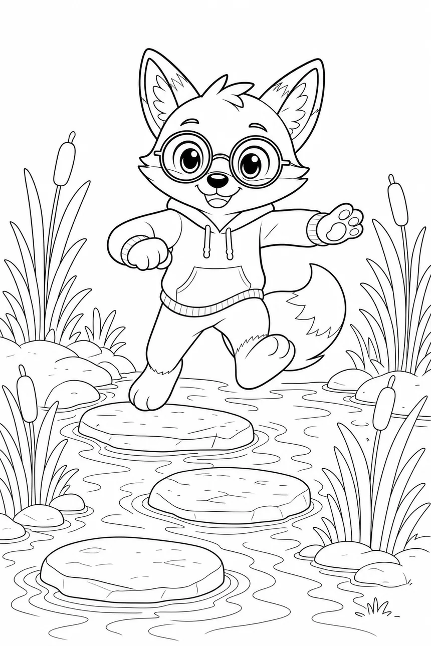 Coloriage de Ren le renard en plein saut entre deux pierres plates pour traverser un petit ruisseau bordé de roseaux