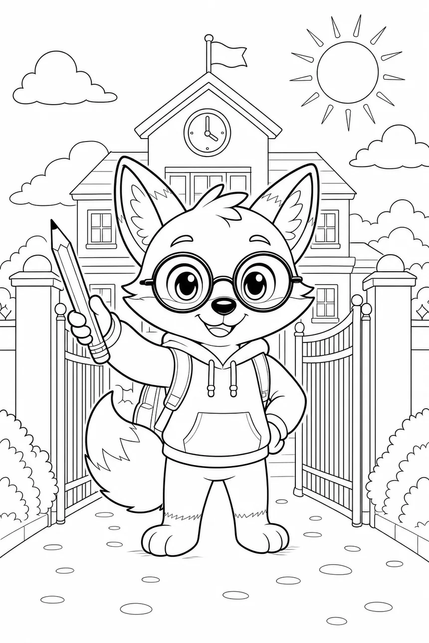 Coloriage de Ren le renard devant la grille de l'école, cartable neuf sur le dos, brandissant un grand crayon, soleil au-dessus du toit