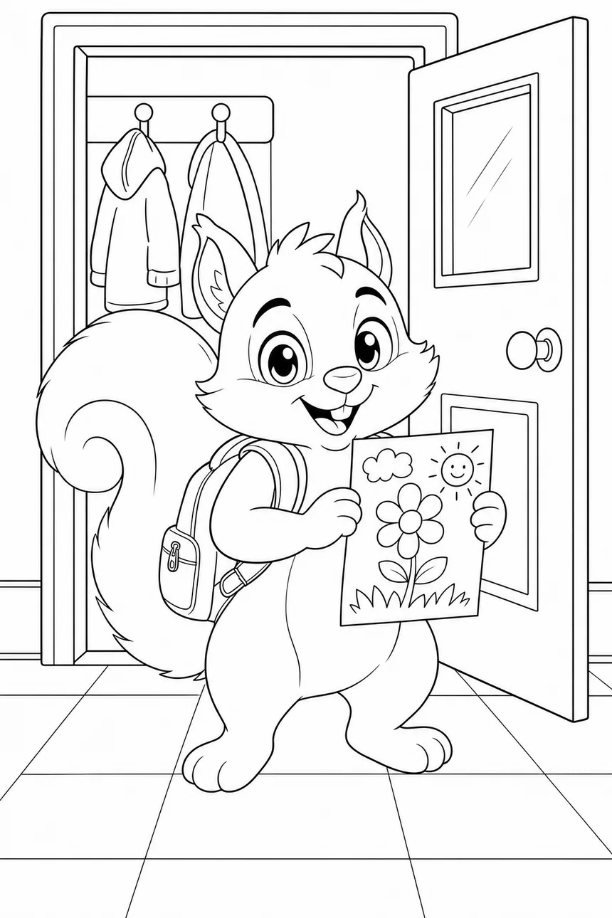 Coloriage de Nina l'écureuil avec son sac à dos qui montre fièrement un dessin, dans l'encadrement de la porte de classe, portemanteaux derrière