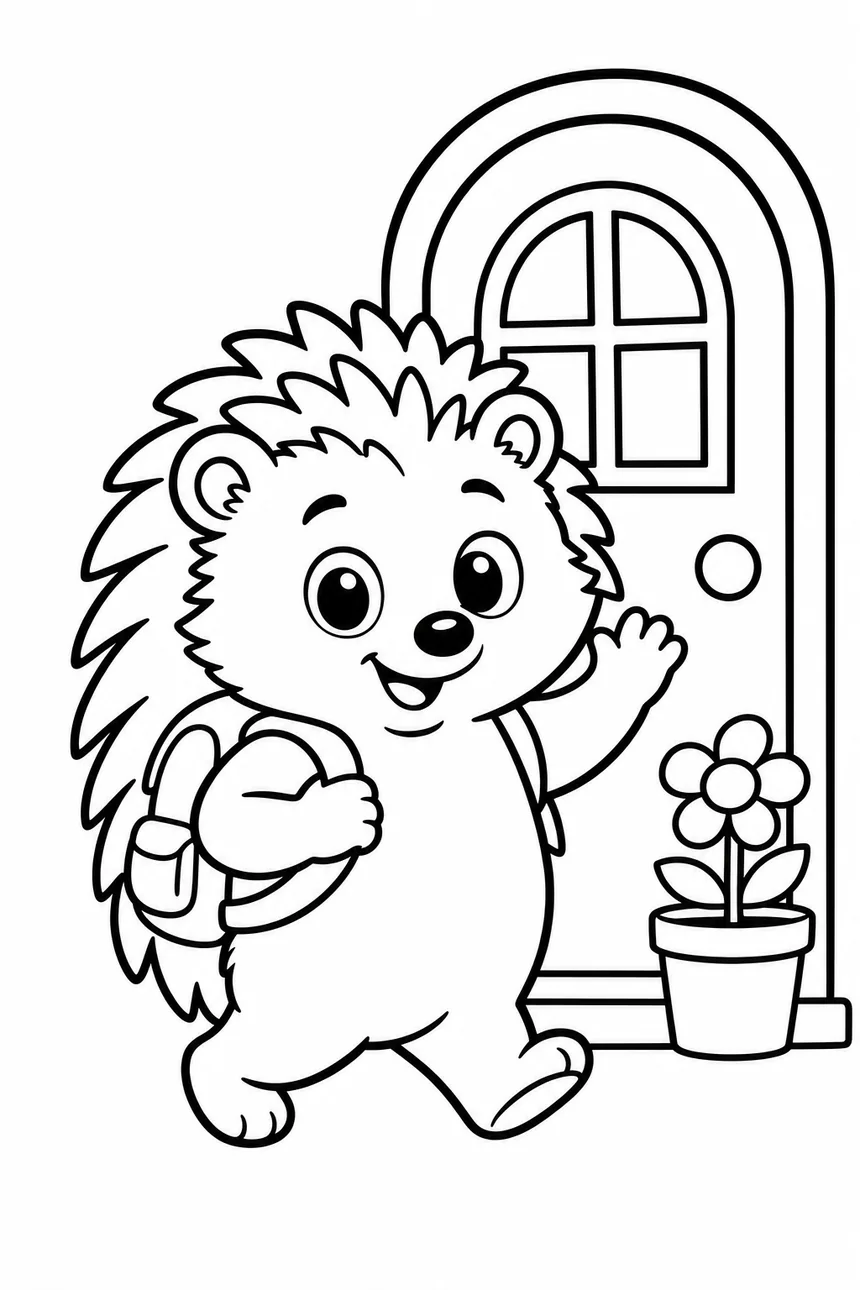 Coloriage de Malo le hérisson avec un petit sac à dos qui marche vers la porte de l'école en faisant un signe de la patte