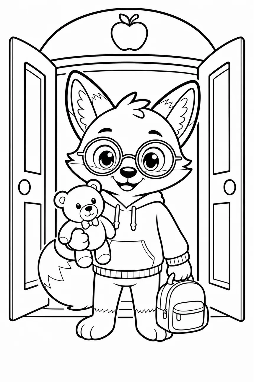 Coloriage de Ren le renard en petit écolier devant la porte de l'école, son doudou dans une patte et un petit cartable dans l'autre