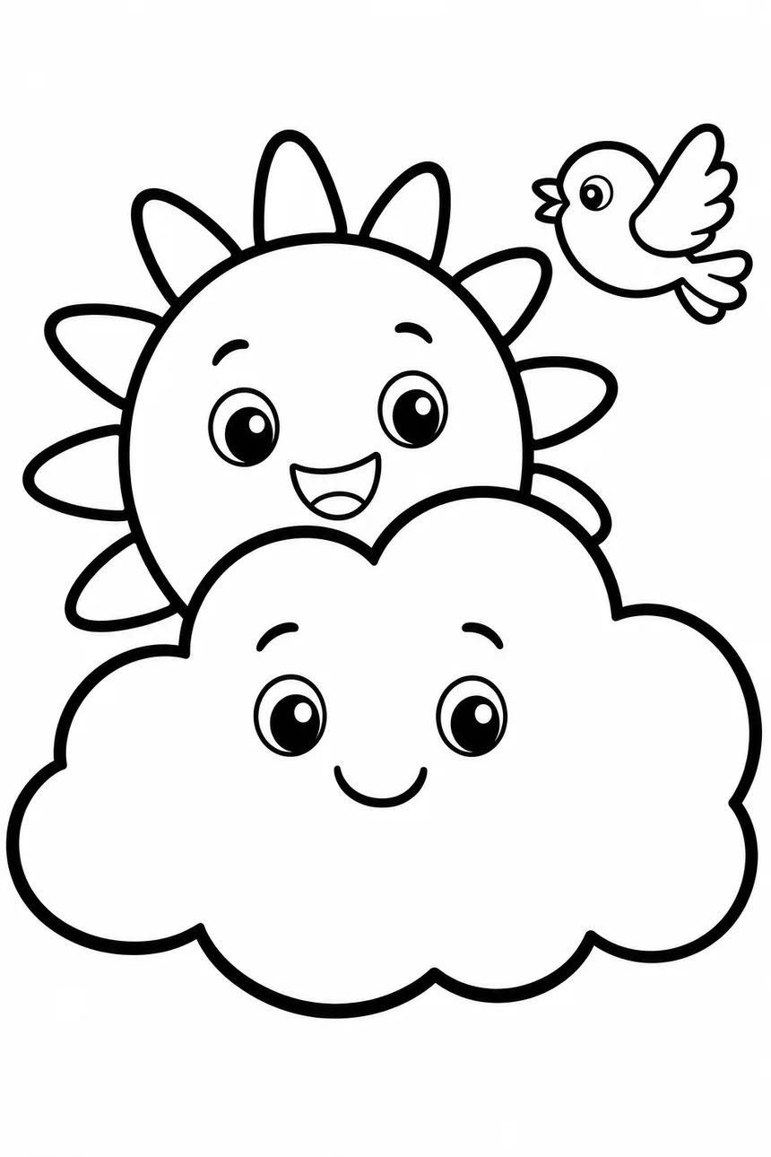 Coloriage d'un soleil souriant qui se cache à moitié derrière un gros nuage, un petit oiseau vole à côté