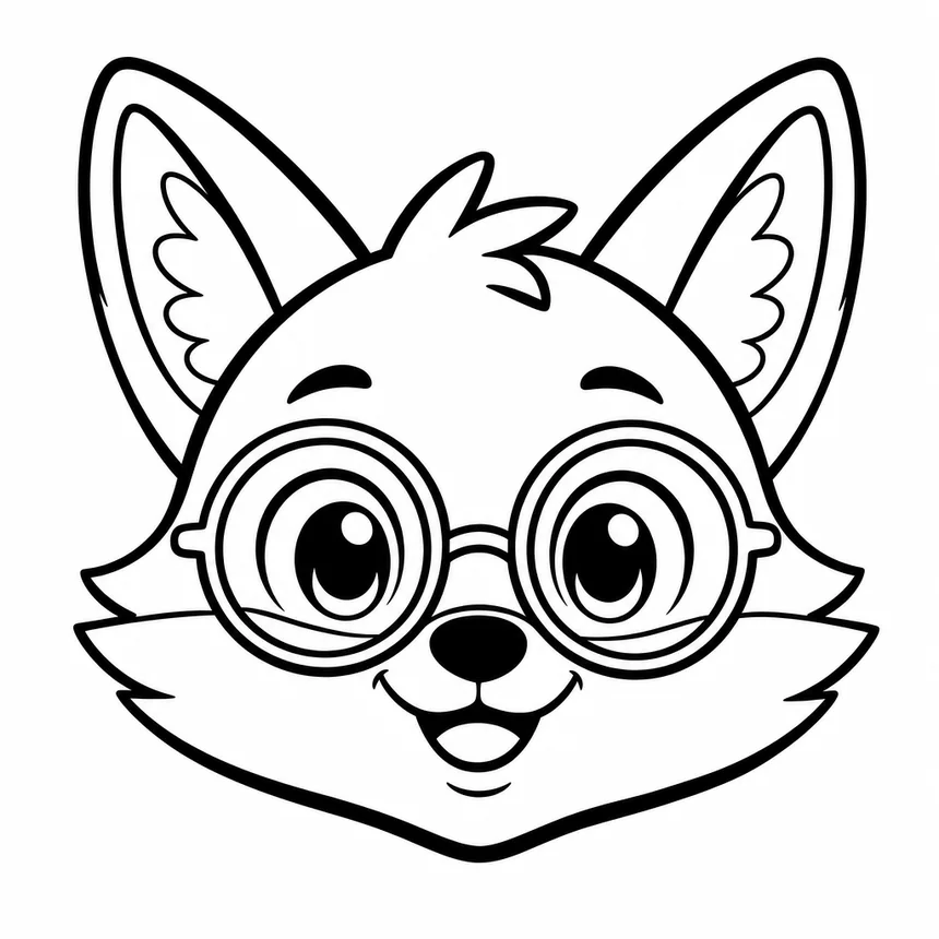 Coloriage de la tête de Ren le renard vue de face, avec ses lunettes rondes
