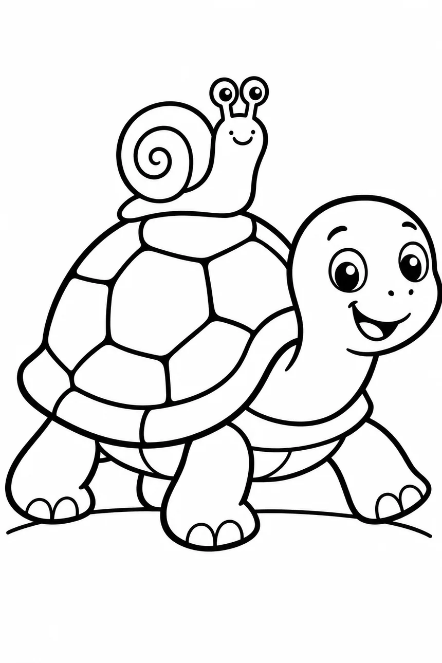 Coloriage d'une tortue souriante qui marche lentement, grande carapace à grosses écailles, un petit escargot posé dessus