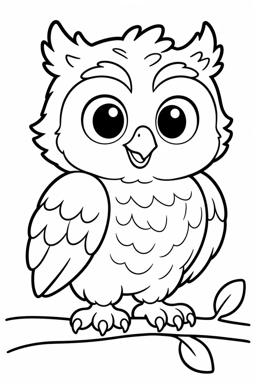 Coloriage de Véga la chouette posée sur une branche toute simple, ailes repliées, grands yeux ronds et amicaux