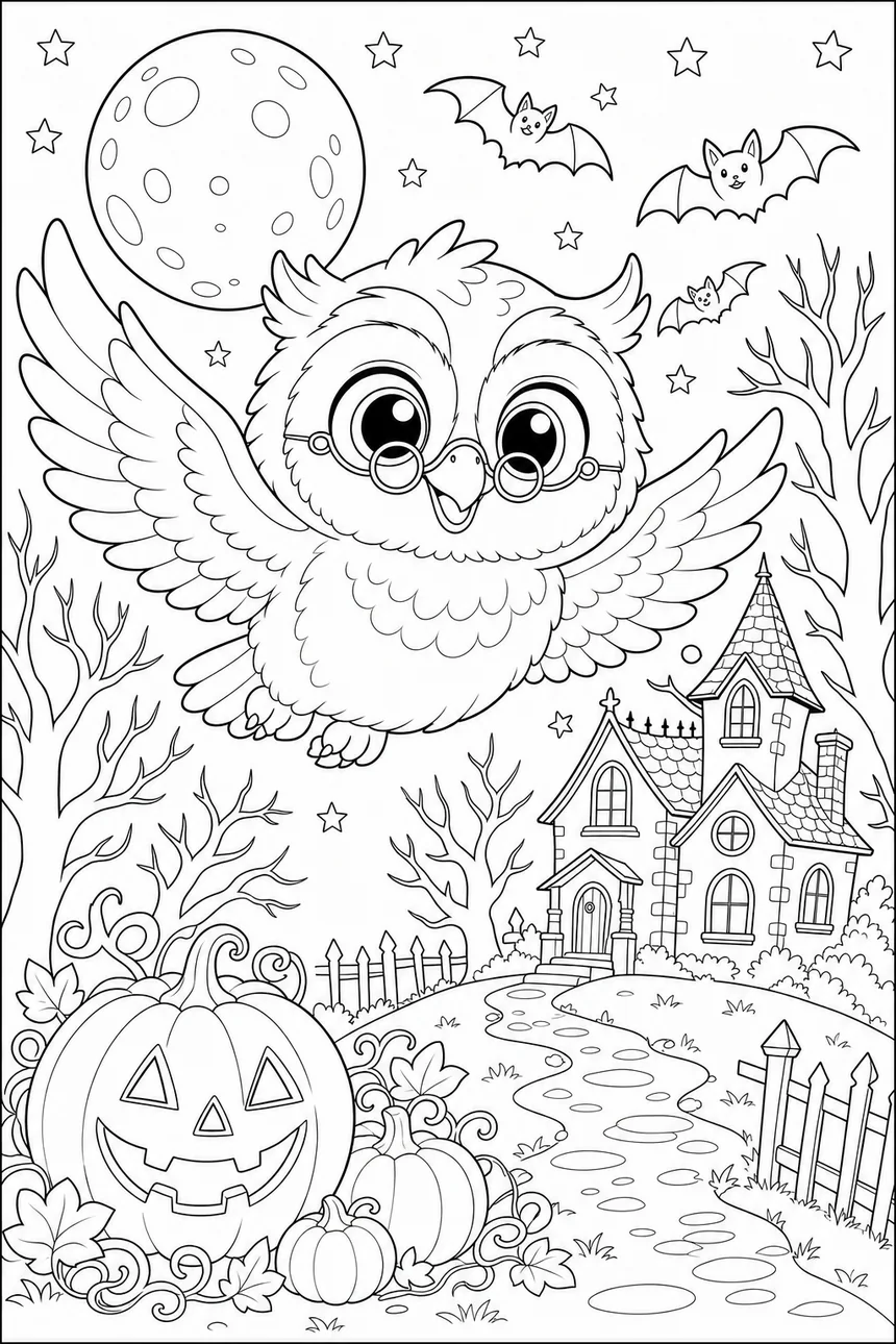 Coloriage de Véga la chouette qui vole dans une nuit d'Halloween, avec la lune, des chauves-souris et une citrouille