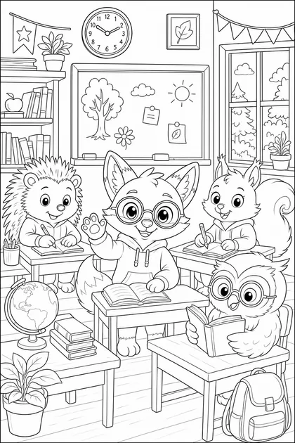 Coloriage de Ren et ses amis en classe à imprimer